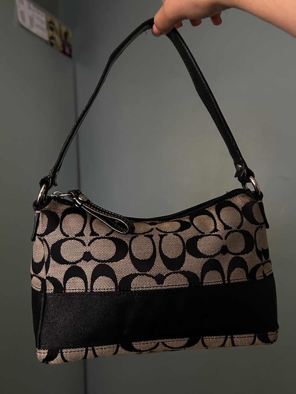 Coach Black and Beige Signature Jacquard Shoulder Bag